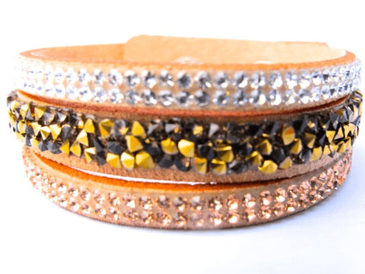 Beige cut leather bracelet with crystals