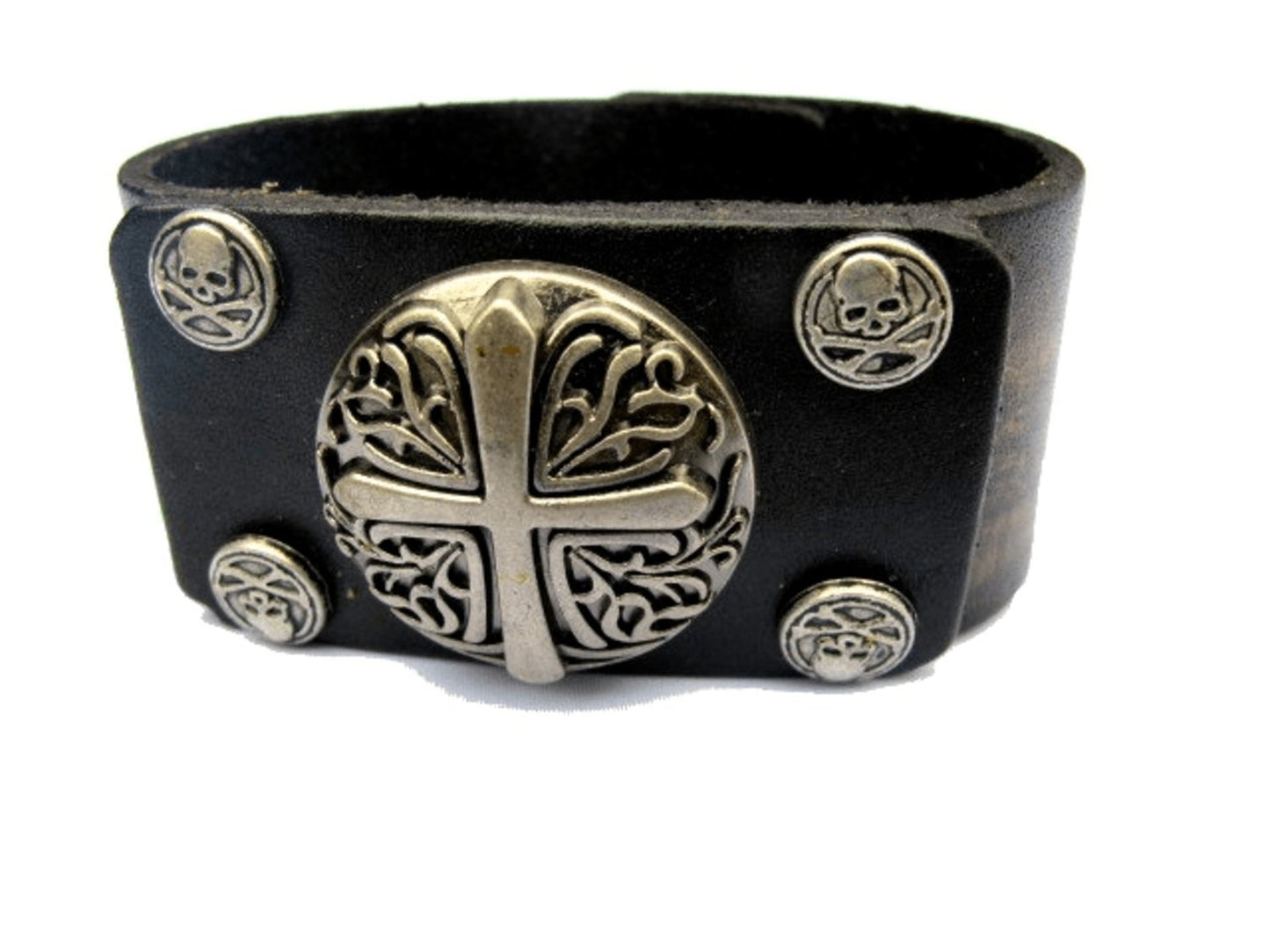 Brown leather bracelet with crosses and skulls