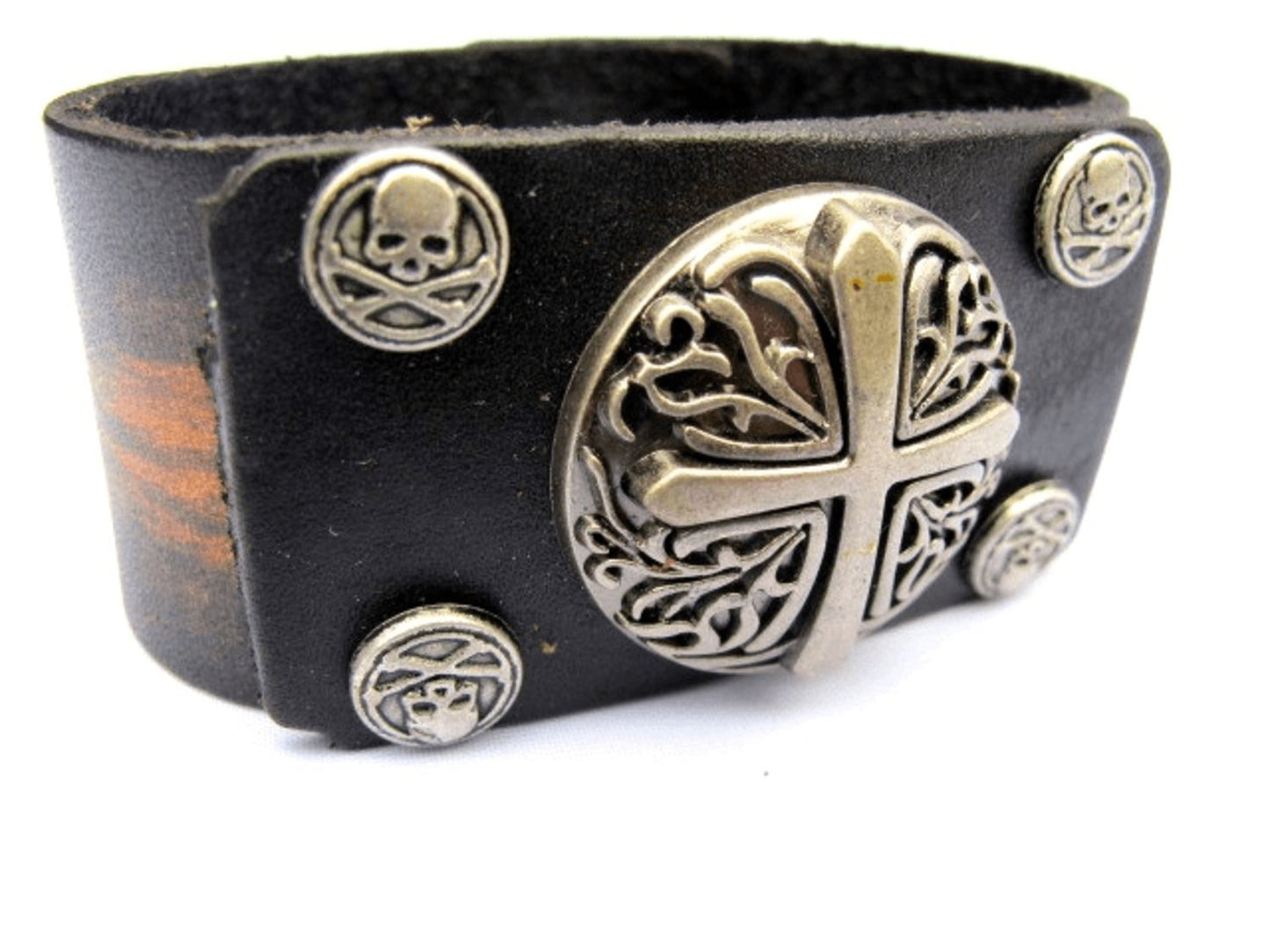 Brown leather bracelet with crosses and skulls