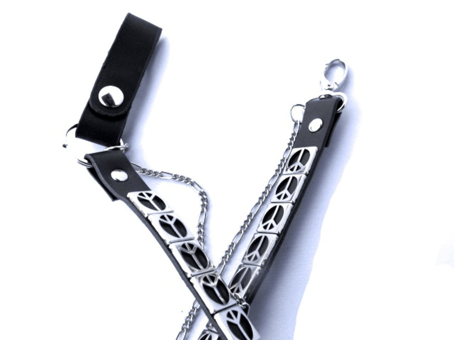 Trouser chain leather strap with Peace rivets and silver colored chain