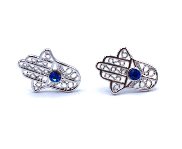 Hand of Fatima earrings with blue stone