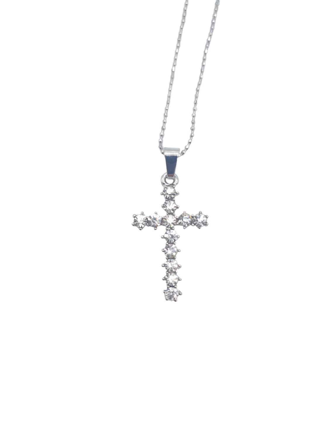 Cross necklace silver colored with white crystals