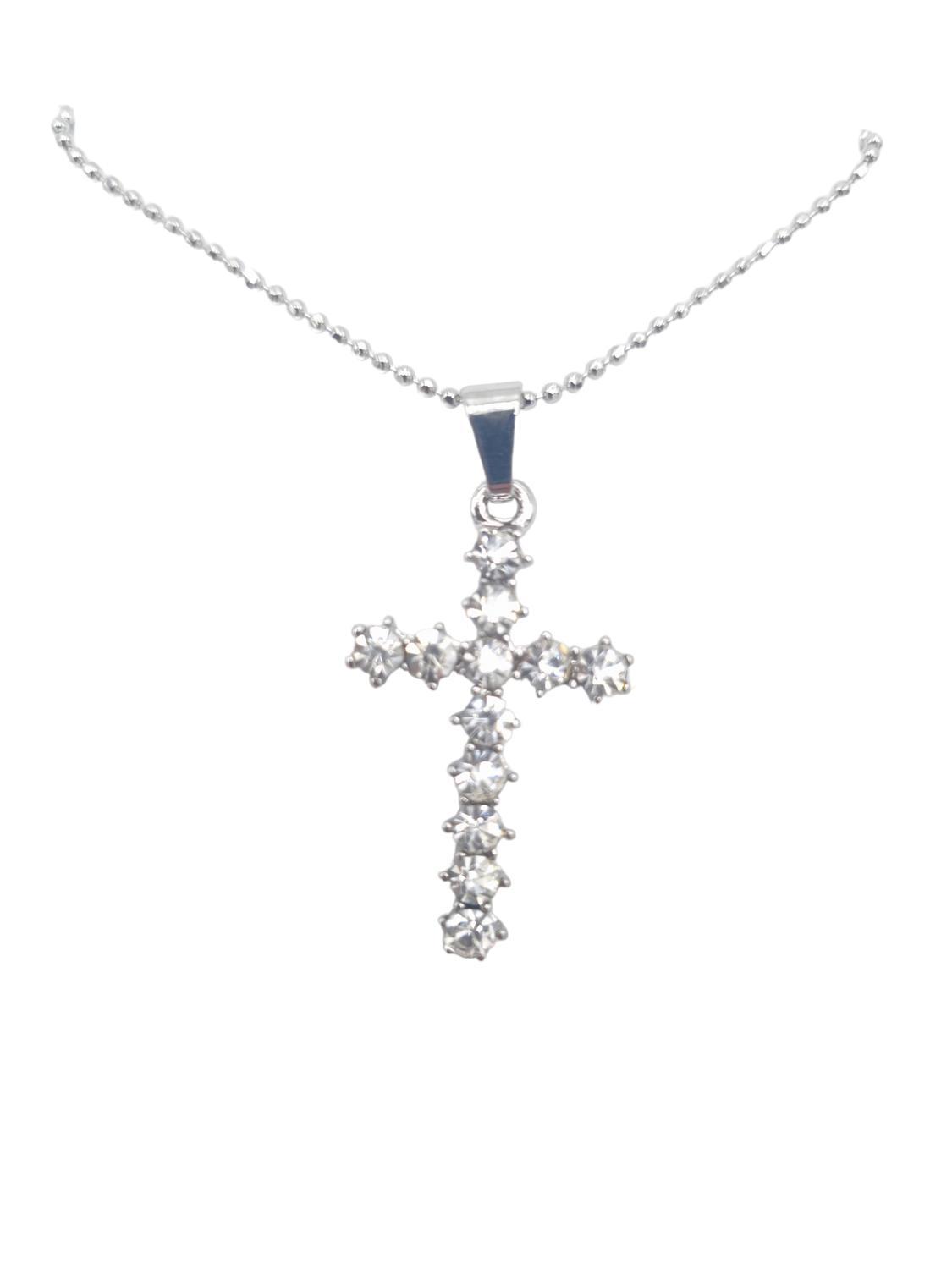 Cross necklace silver colored with white crystals