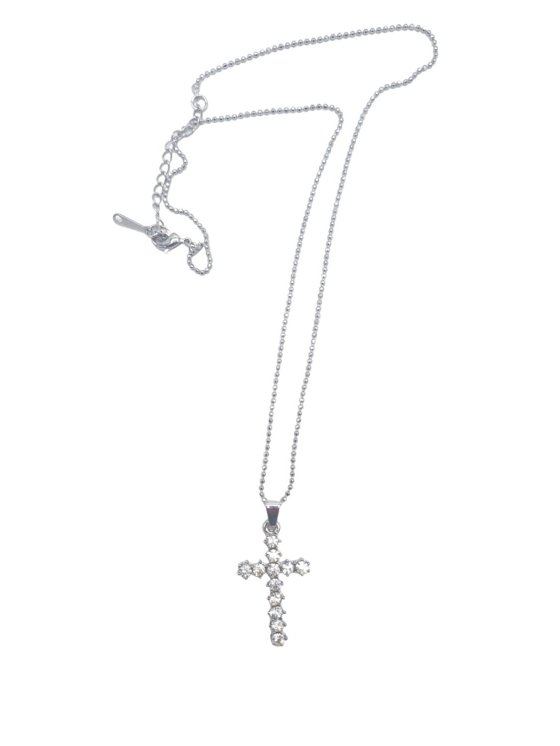 Cross necklace silver colored with white crystals