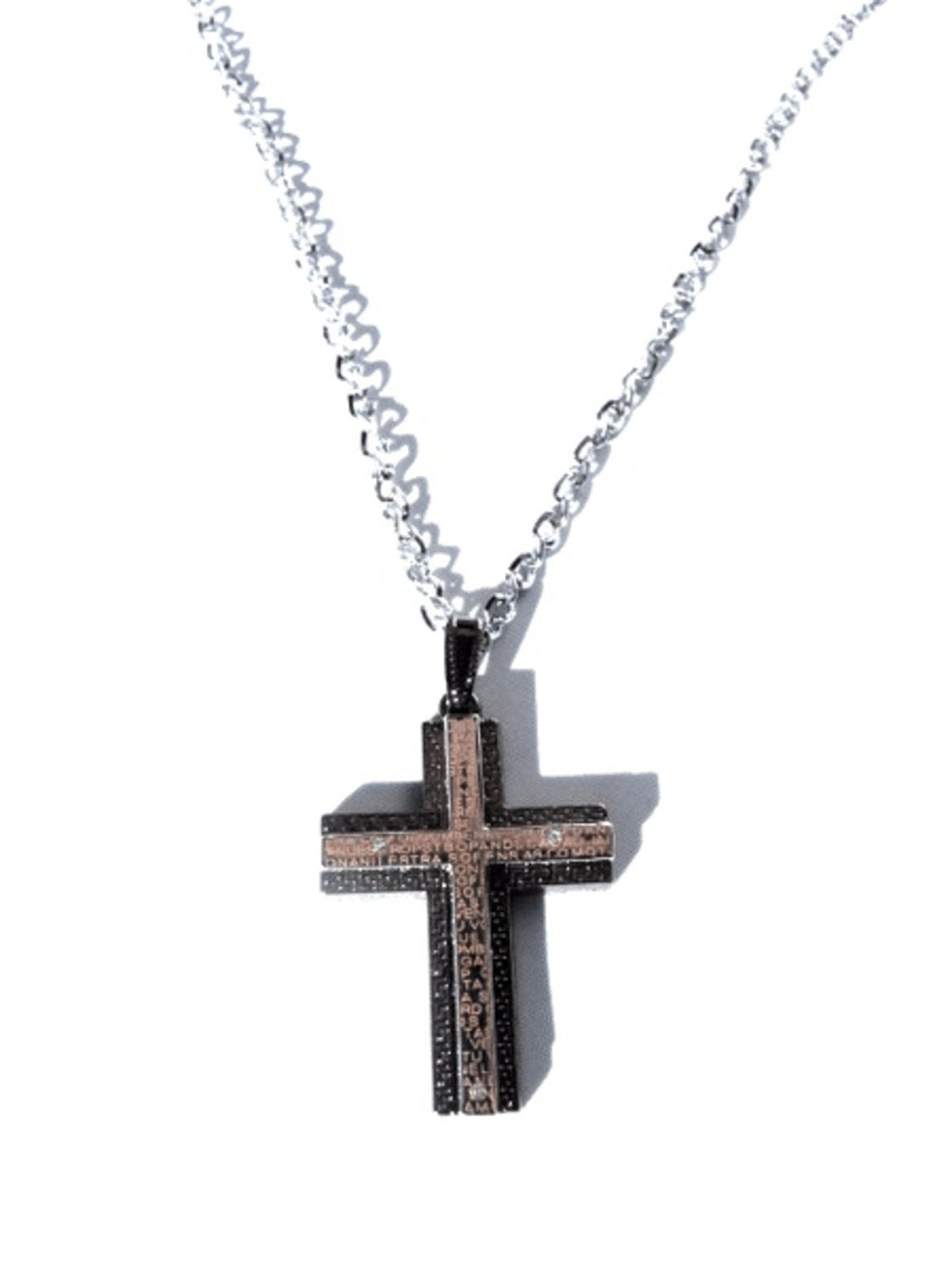 Cross necklace silver with text and white crystal