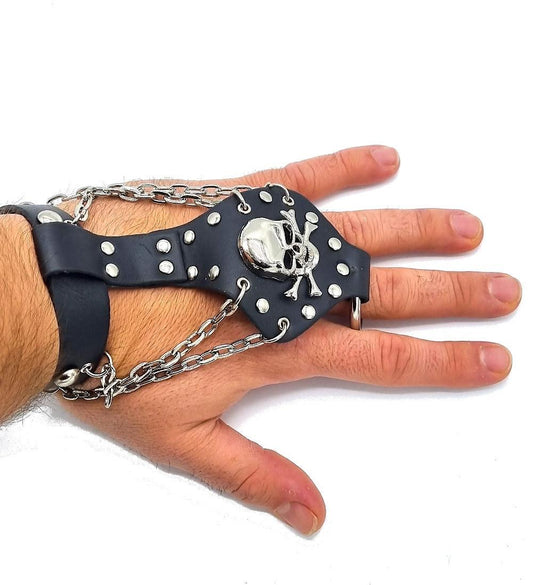 Leather bracelet with skull, chains and round studs