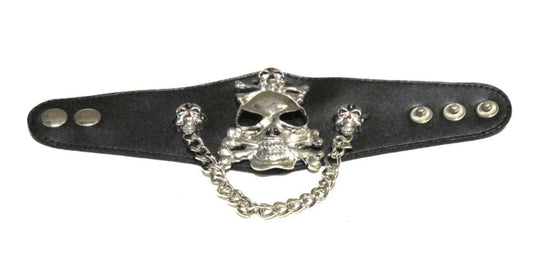 Leather bracelet with skull and chains