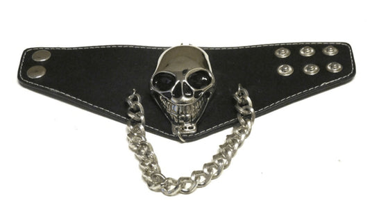 Leather bracelet with skull and chains