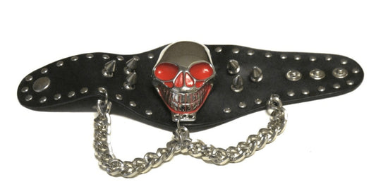 Leather bracelet with skull, studs and chains