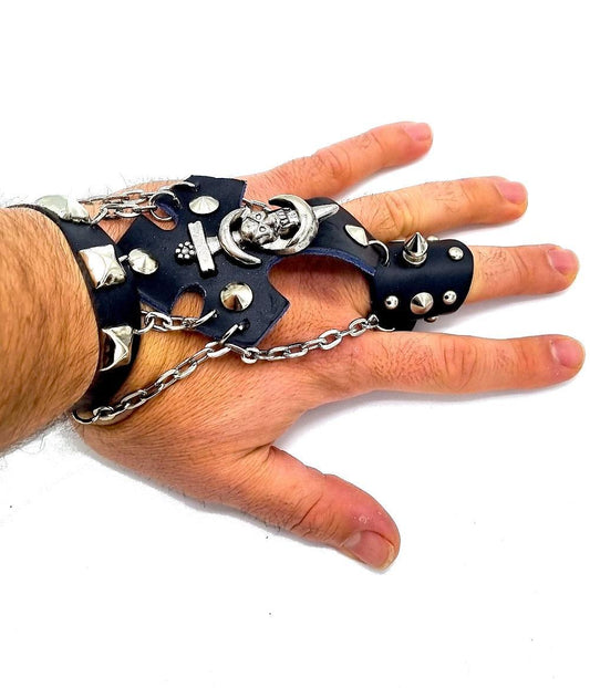 Leather bracelet with sword, chains and round studs