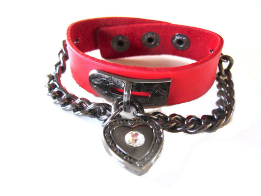 Red leather bracelet with heart and chain