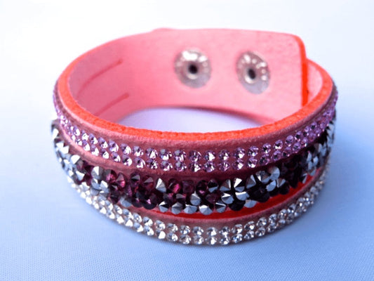 Pink cut leather bracelet with Crystals