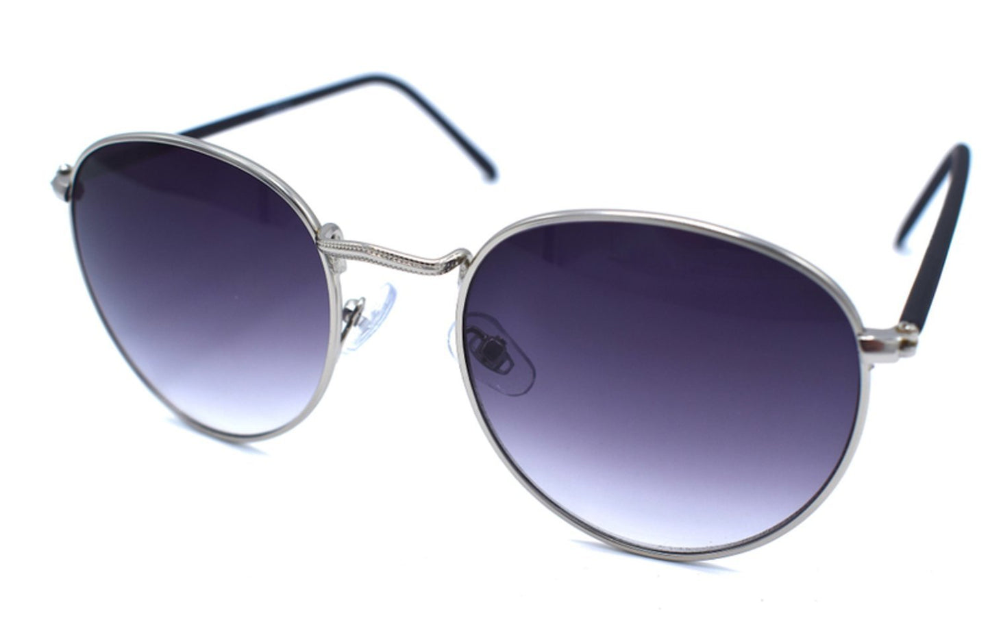 Silver colored sunglasses with dark lenses