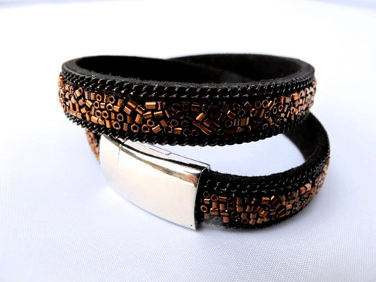 Black double bracelet with bronze sequins