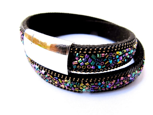 Black double bracelet with colorful sequins