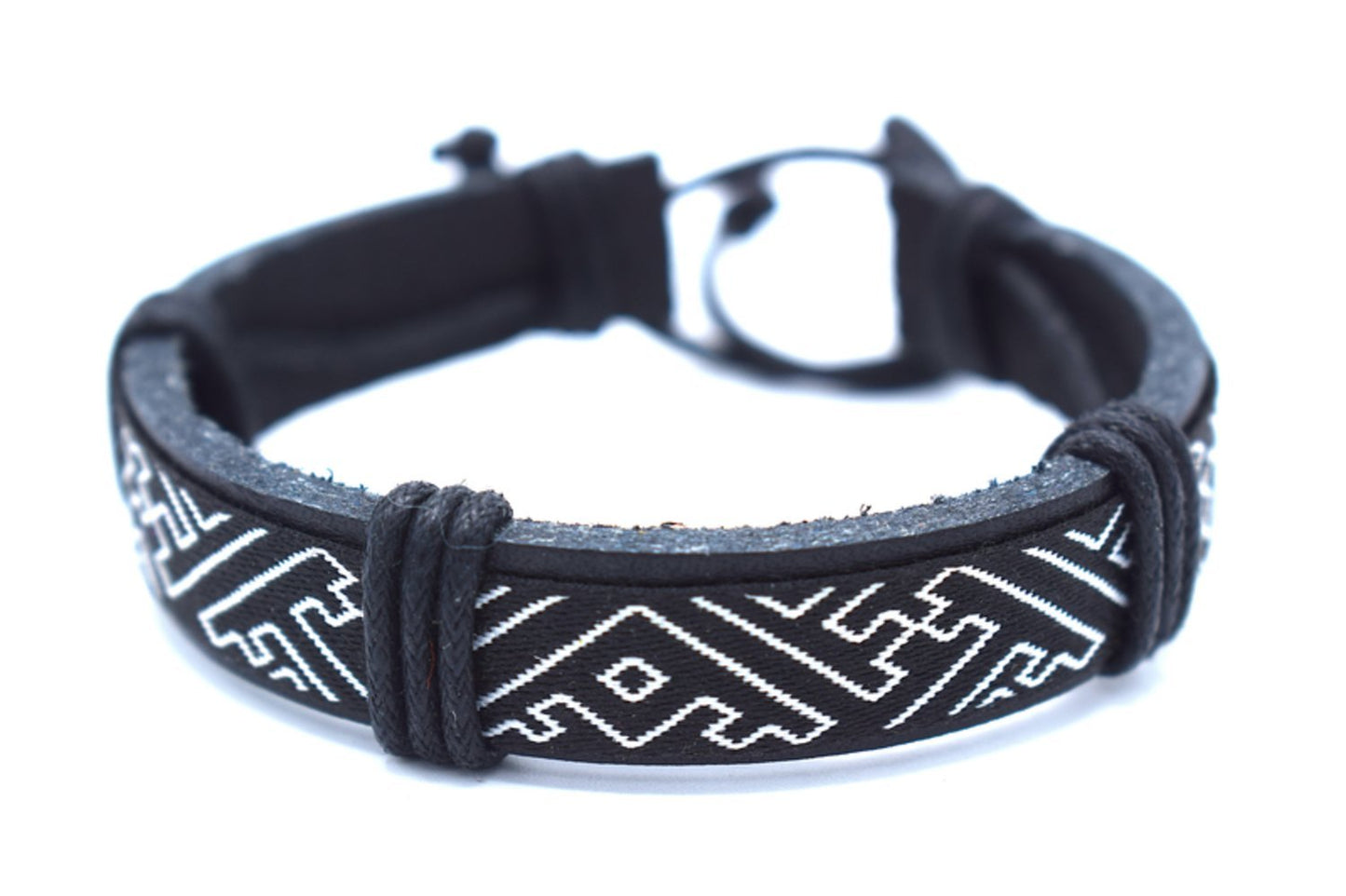 Black leather bracelet with white patterns