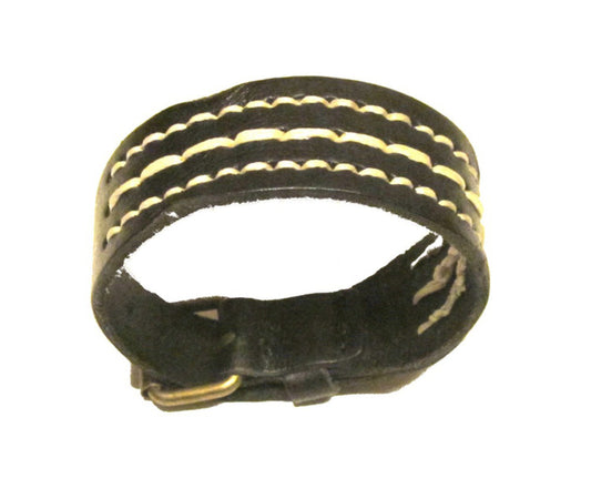 Black leather bracelet with white thread