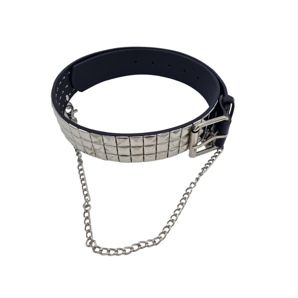 Black rivet belt with silver chain