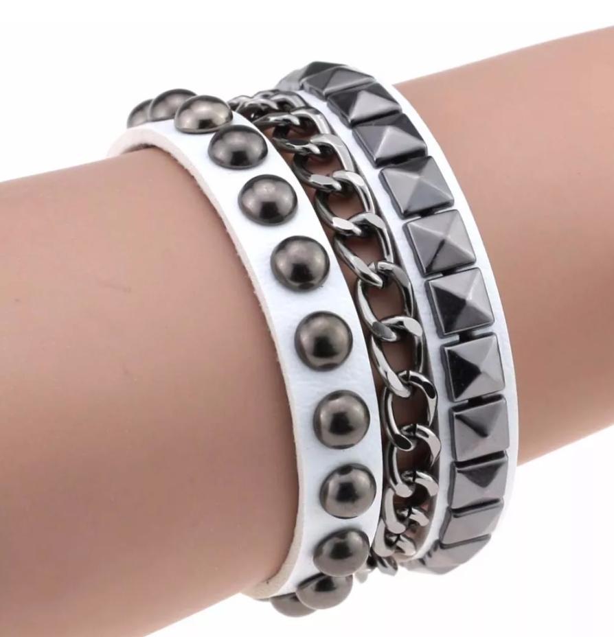 White Leather bracelet with chain, pyramid and round rivets