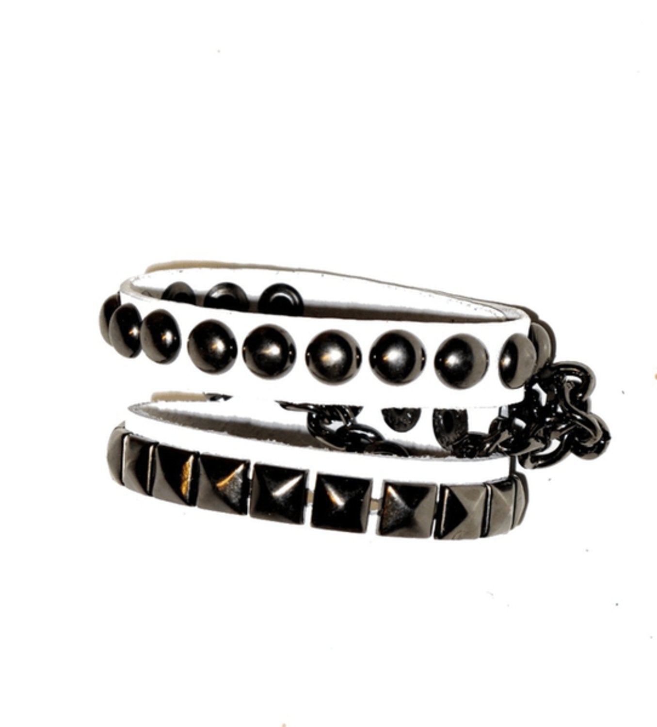 White Leather bracelet with chain, pyramid and round rivets